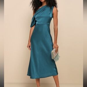 Renowned Refinement Teal Satin Asymmetrical Midi Dress- New!